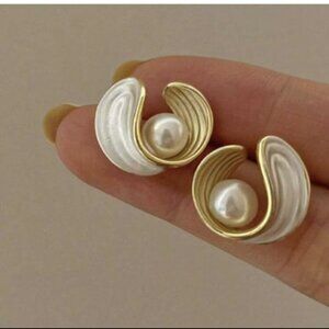 Minimalist French Enamel and Pearl Earrings for women